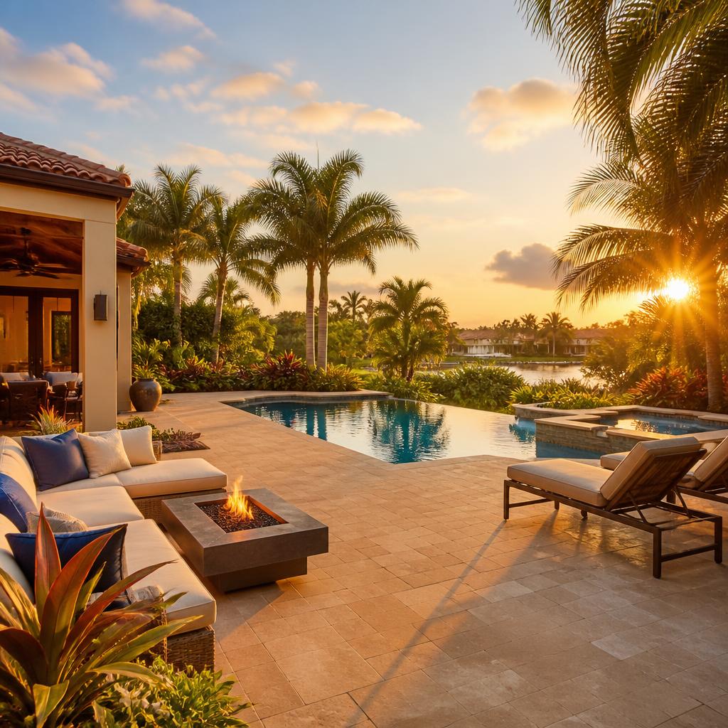 Tropical garden with curved driveway and structured plantings