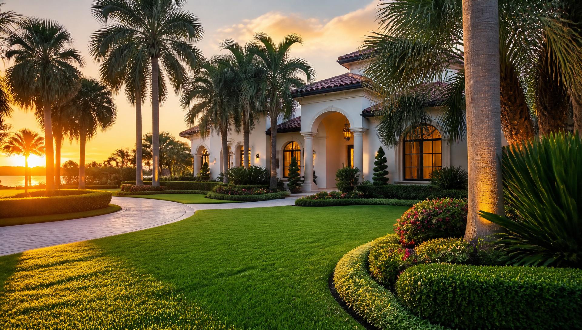 Luxury estate at sunset with manicured lawn and palms
