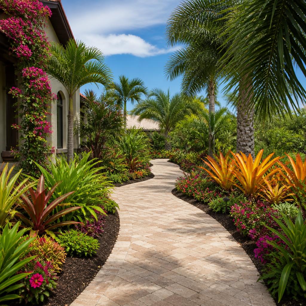 Tropical garden pathway with bougainvillea and palms