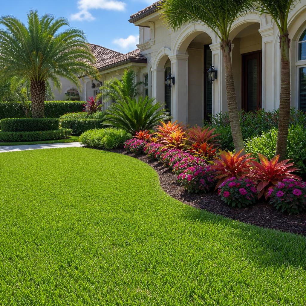 Manicured lawn with colorful tropical border plantings