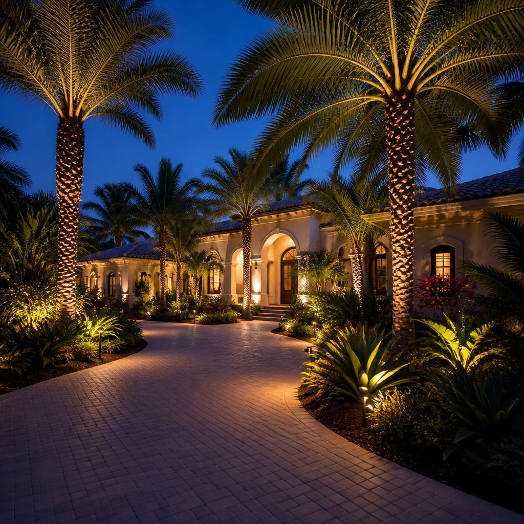 Evening tropical garden with warm lighting