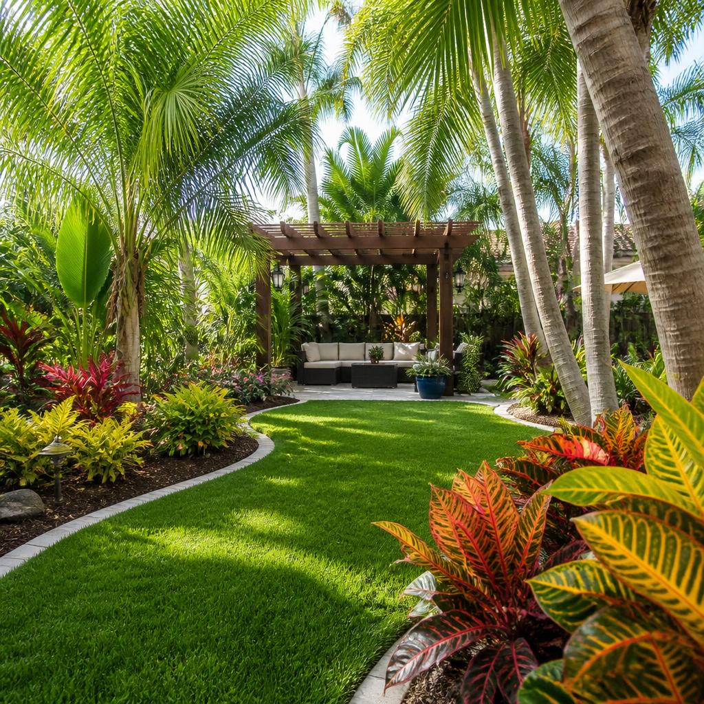 Tropical backyard garden with pergola and lush plantings