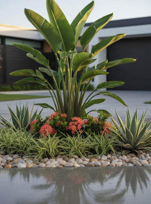 Rendered tropical front entry design with driveway