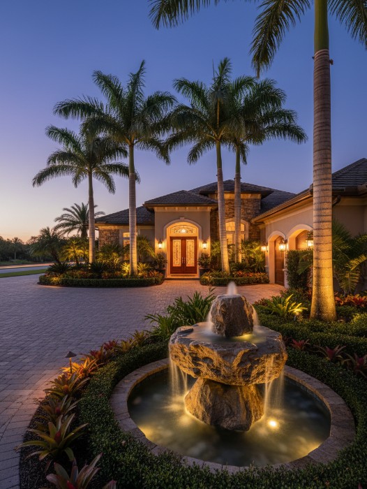 Illuminated estate entry with fountain and tropical landscape at dusk