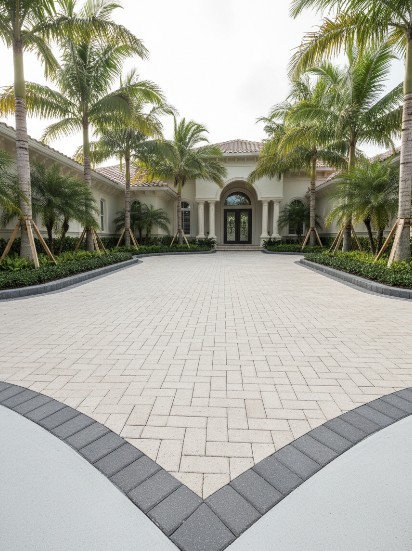 Rendered tropical estate with illuminated pathways