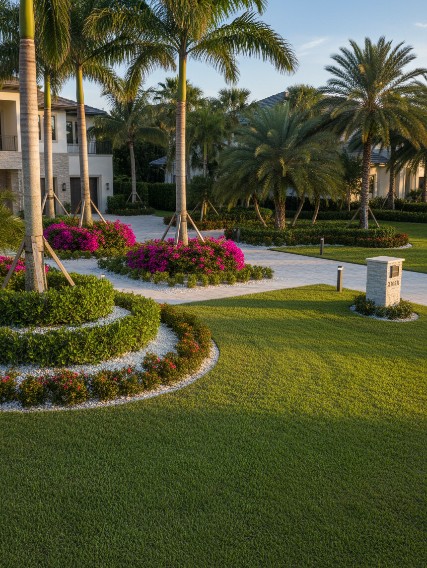 Coastal estate with curved lawn and bougainvillea plantings