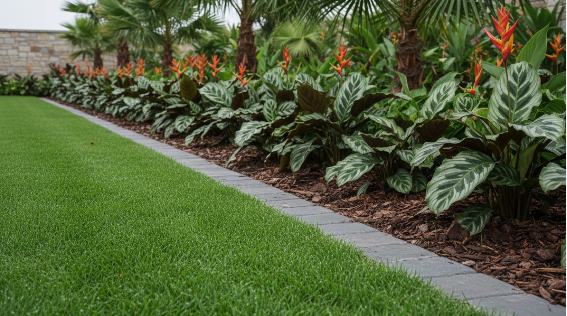 Lush tropical lawn edged with calathea and heliconia border