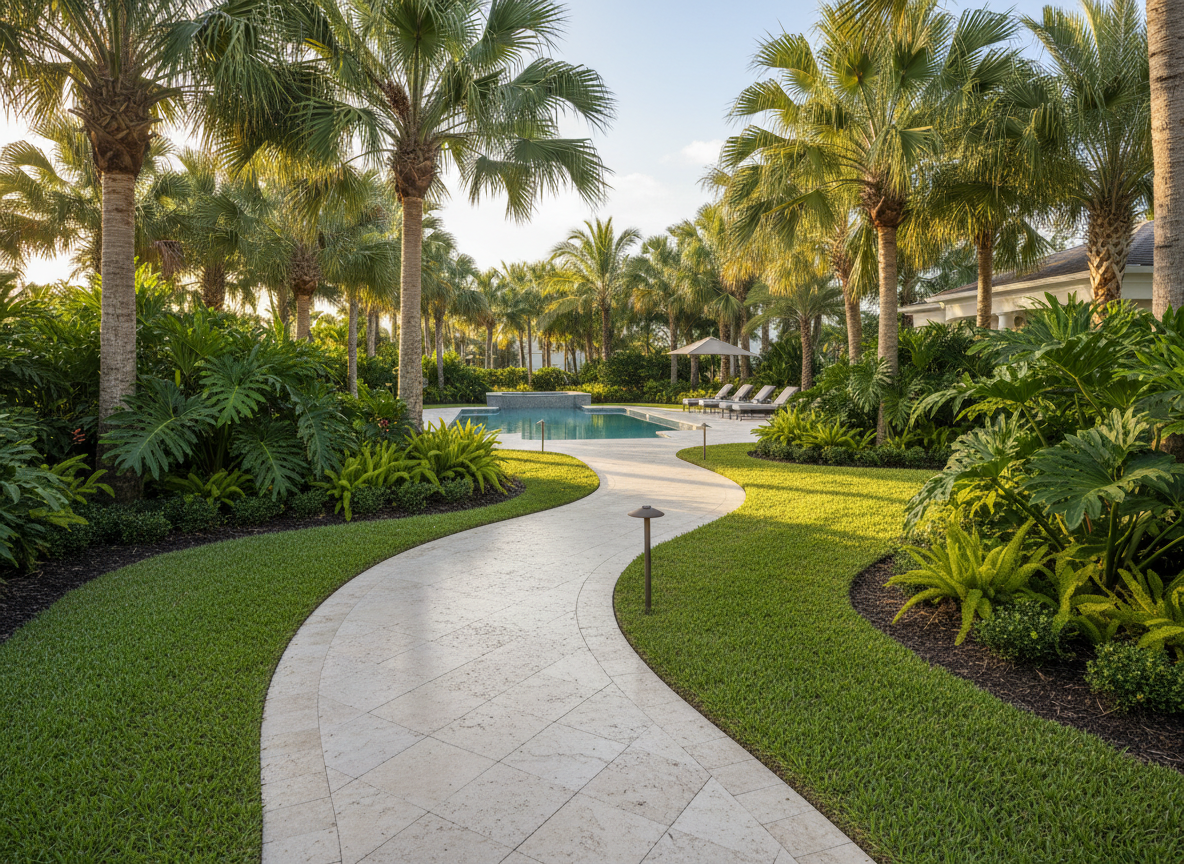 An expansive luxury Sarasota estate garden showcasing sculpted tropical landscaping, with a sweeping travertine walkway curving through manicured emerald Zoysia lawn and lush clusters of mature palm trees and glossy philodendrons. Discreet solar path lights with brushed bronze finishes are evenly spaced along the walkway, their slim silhouettes integrated into the planting beds. Captured at golden hour, warm coastal sunlight grazes the fronds and casts elongated, elegant shadows across the stone. In the distance, a calm turquoise pool reflects the sky and surrounding greenery. Photographic realism from a slightly elevated angle, with sharp focus throughout, conveys a sophisticated, resort-like atmosphere that feels both opulent and serene.