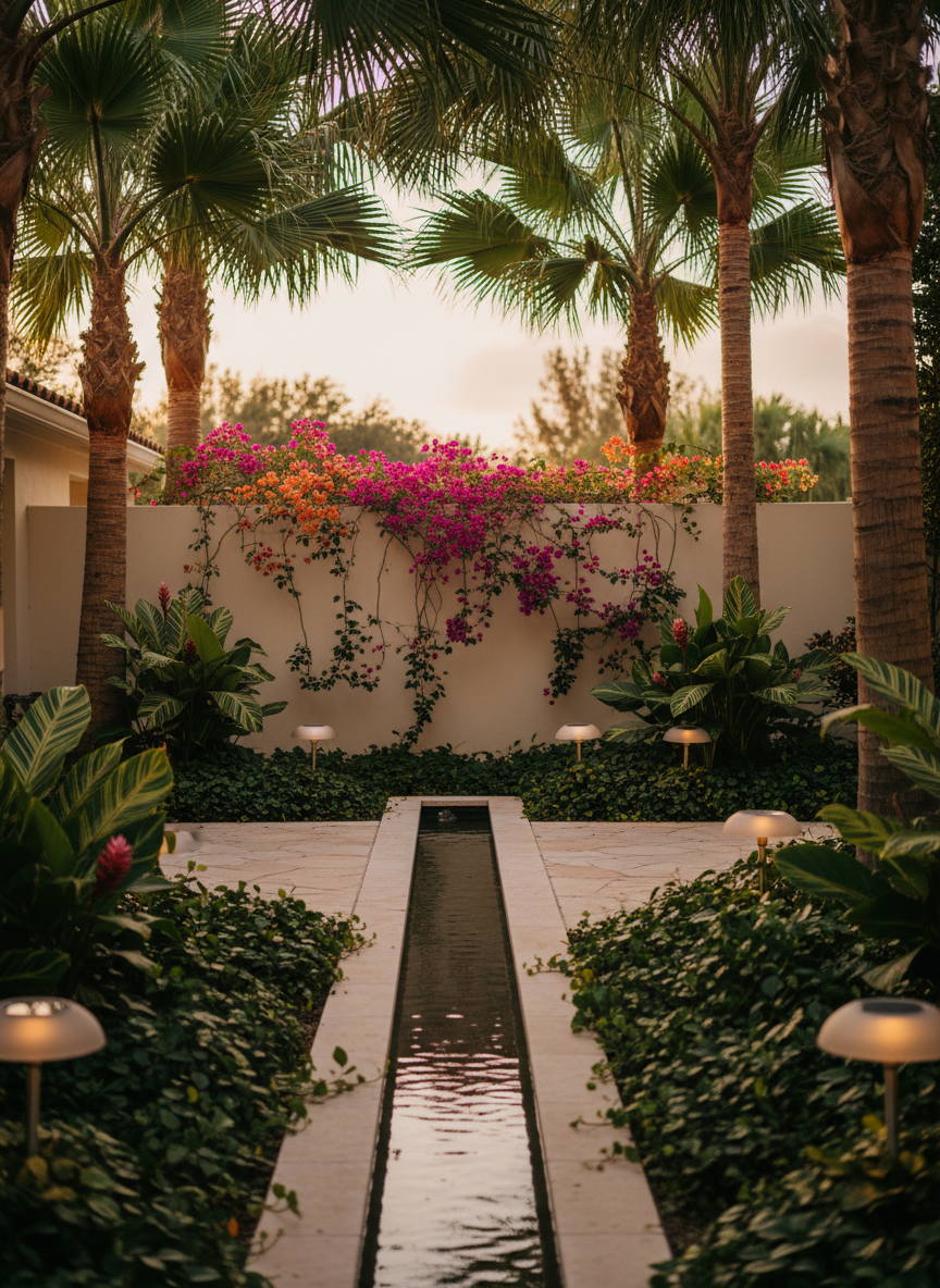 A close, cinematic view of a meticulously designed tropical courtyard in Sarasota, framed by towering palms, variegated ginger, and flowering bougainvillea spilling over a smooth stucco privacy wall. A narrow limestone rill runs through the center of the space, its surface reflecting soft early evening light. Slender, minimalist solar fixtures are subtly embedded among low, glossy green groundcovers, their frosted tops beginning to glow as daylight fades. The camera is positioned at eye level, using shallow depth of field to keep the foreground foliage crisp while the rear wall and distant landscape blur into creamy bokeh. The mood is intimate, refined, and quietly luxurious, rendered in photographic realism with rich, saturated tropical greens and warm neutral stone tones.