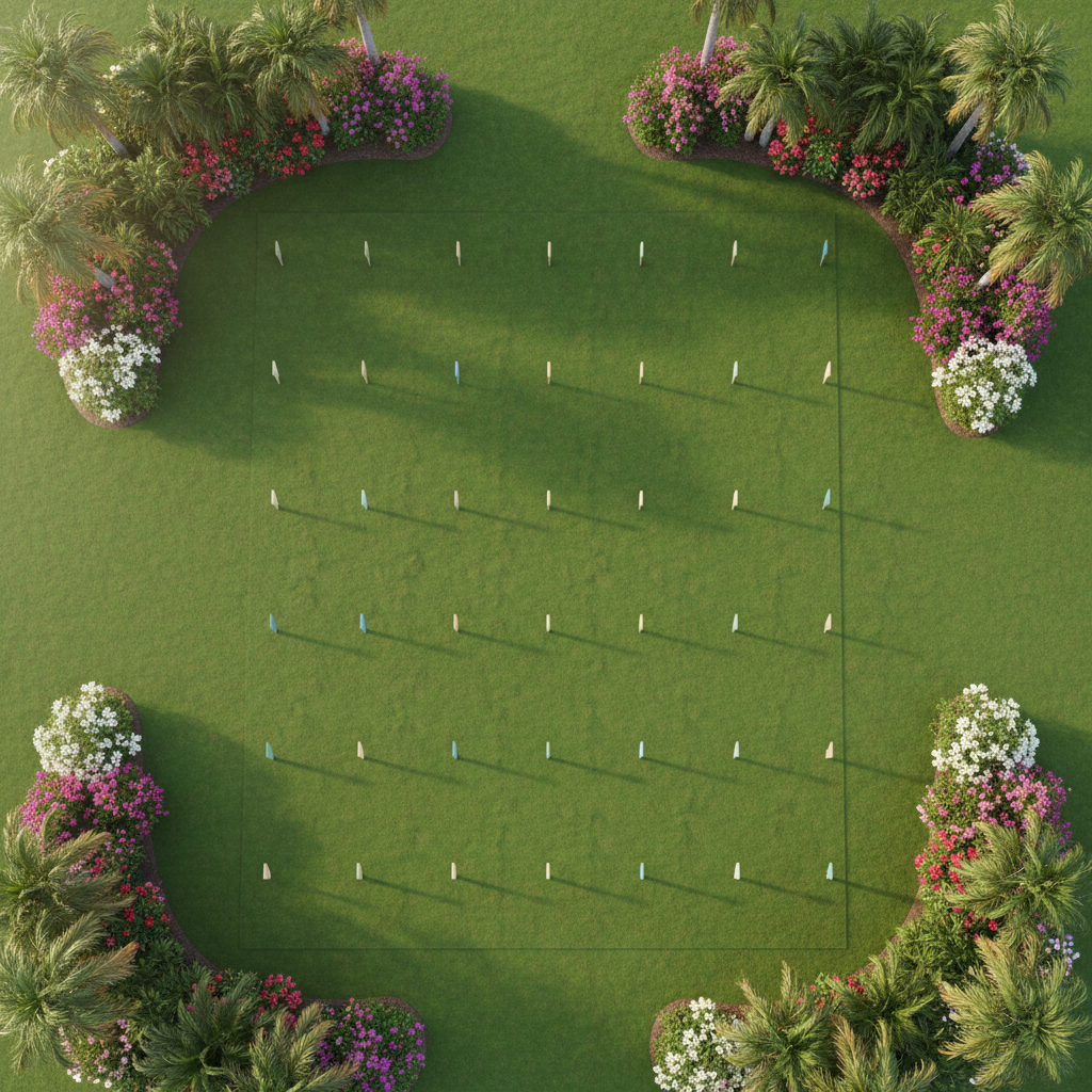 Overhead view of manicured lawn and garden zones