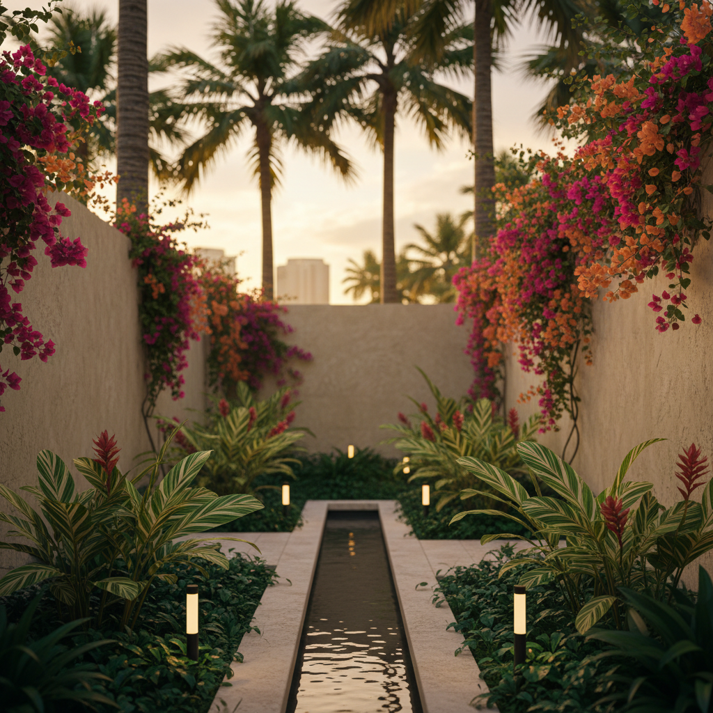 Intimate tropical courtyard with water feature