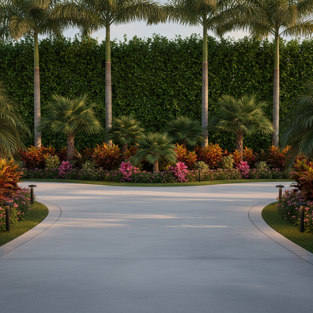 Curved driveway framed by layered tropical plantings