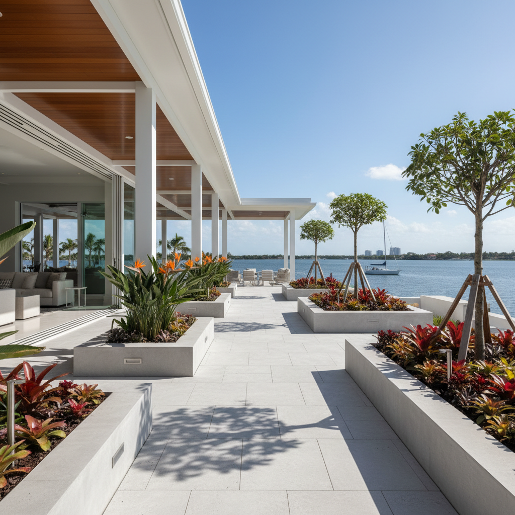 Waterfront patio with tropical planting beds