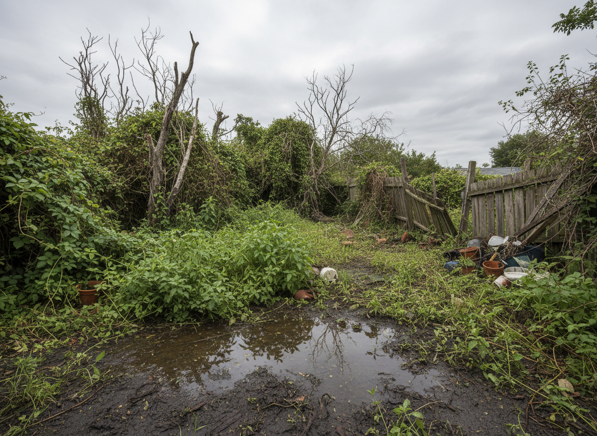 Overgrown estate grounds before Tropical Haven restoration