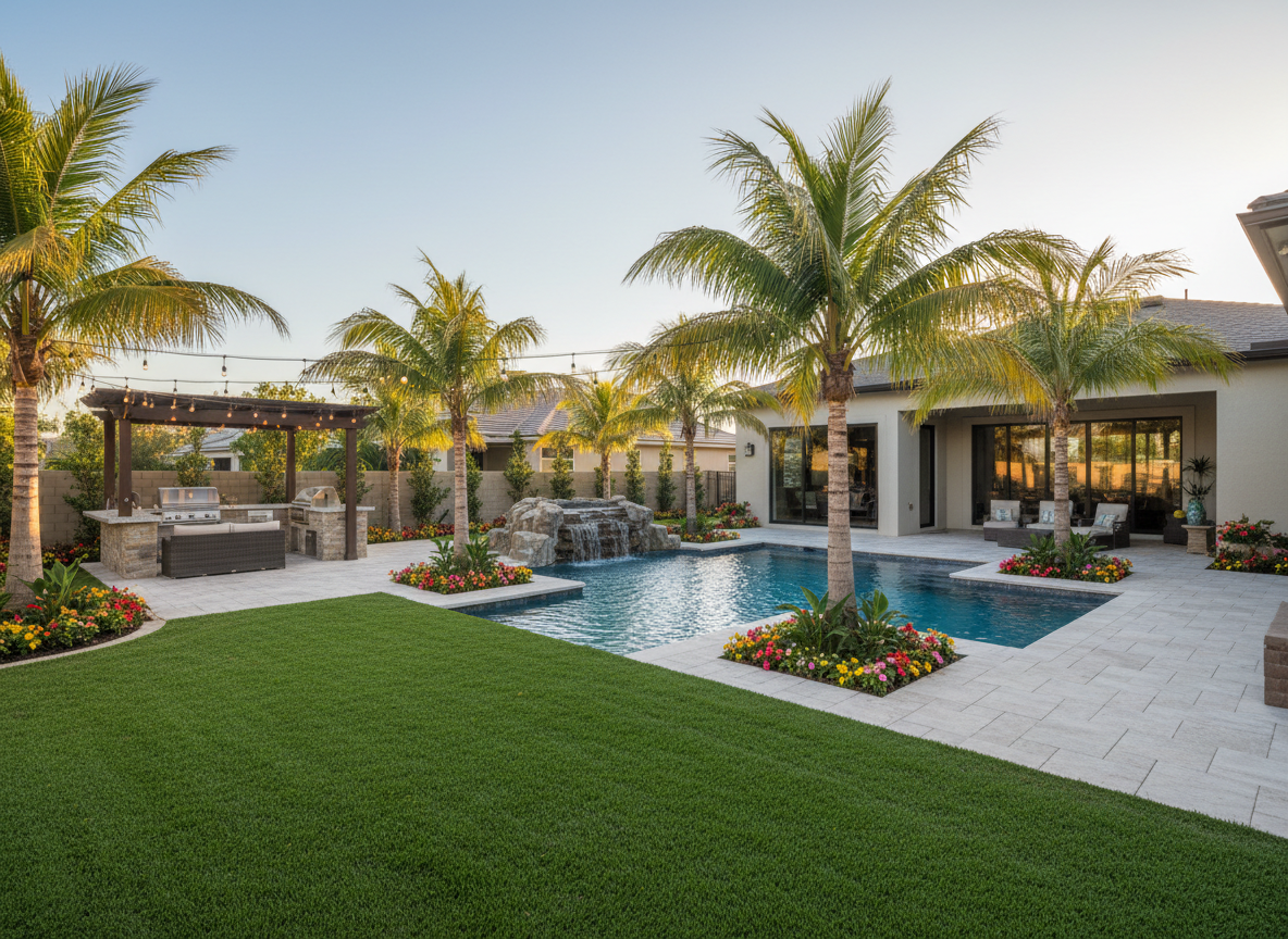 Same estate grounds fully restored into a manicured tropical landscape