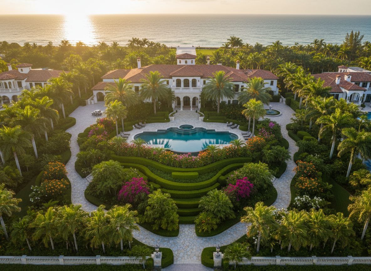 Aerial view of a luxury Sarasota estate with manicured tropical landscaping