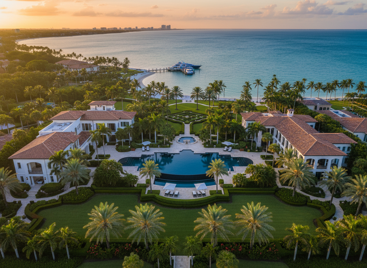 Aerial view of a stunning luxury Sarasota estate with lush tropical landscaping, resort-style pool, manicured gardens, palm trees, and Gulf Coast waterfront — golden hour light, rich greens and blues, ultra high-end feel